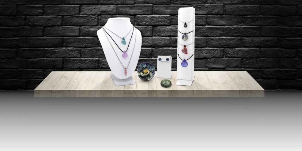 Display of Eternity's Touch samples on a shelf.