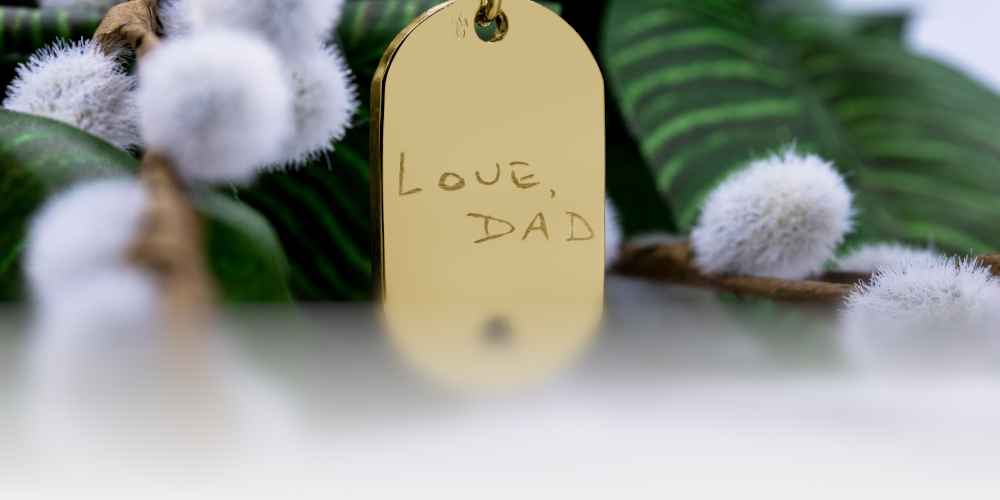 Gold Memory Tag Keepsake with handwritten note "Love Dad" engraved